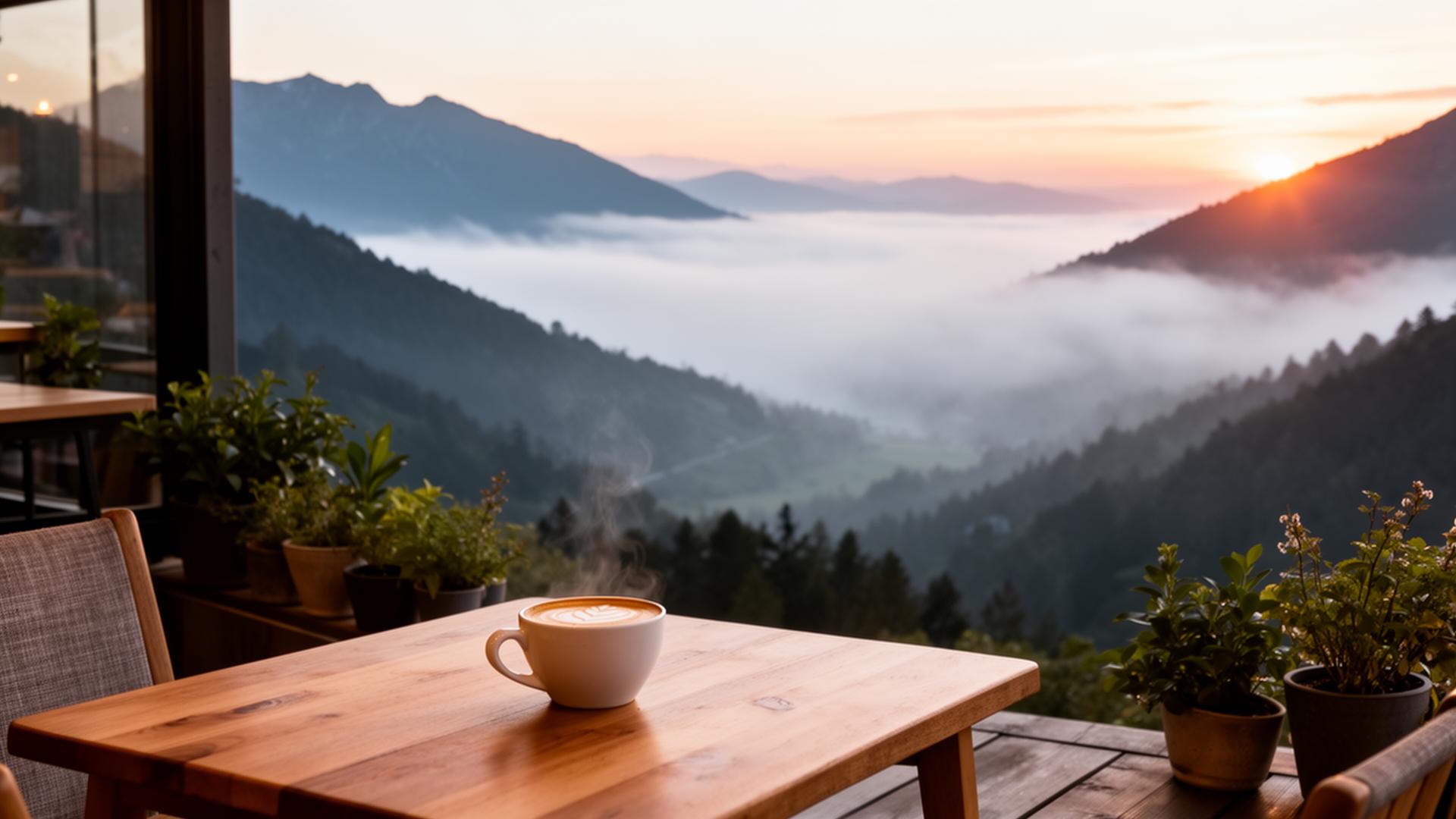 Cafe terrace overlooking misty valley