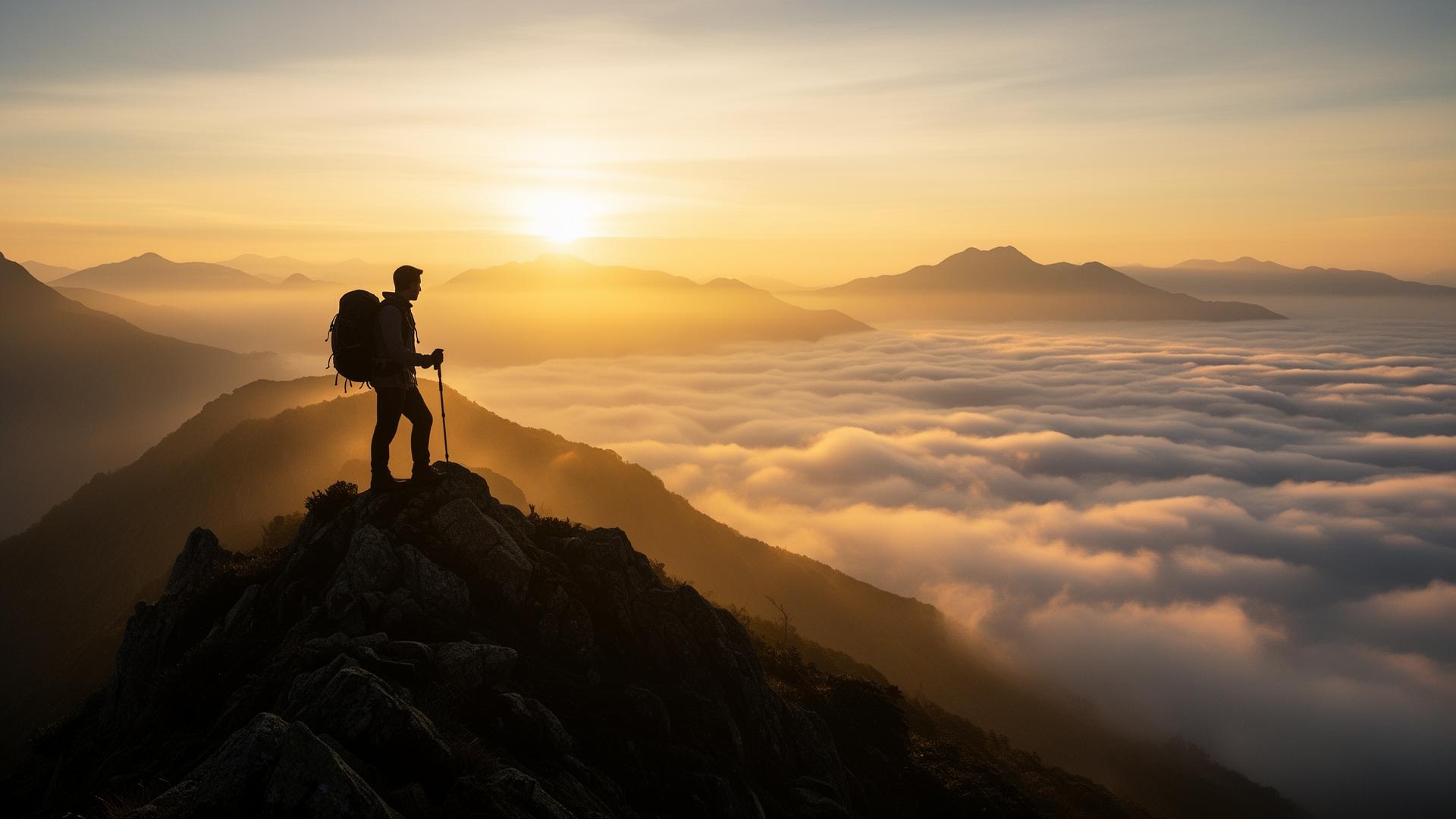 Hiker on a mountain ridge above the clouds at sunrise