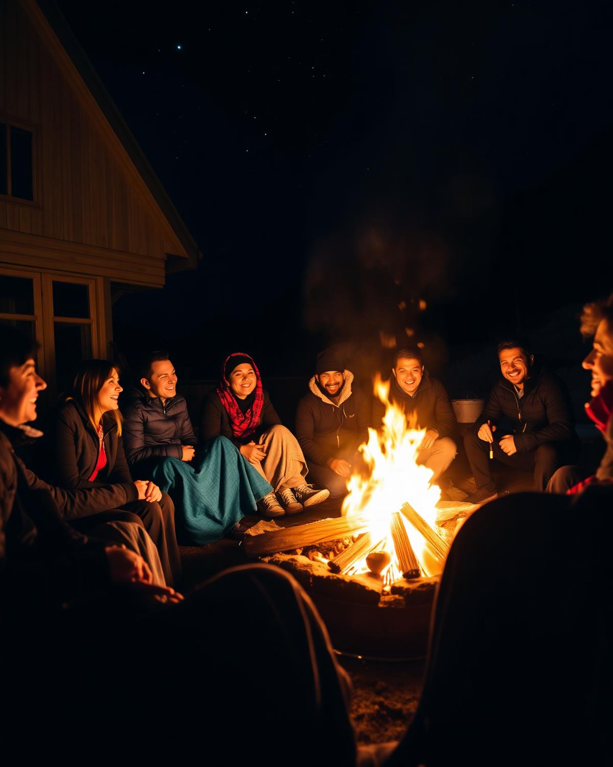 Friends around the bonfire under stars