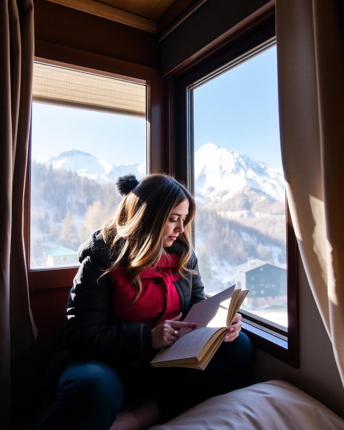 Solo traveler reading by mountain window