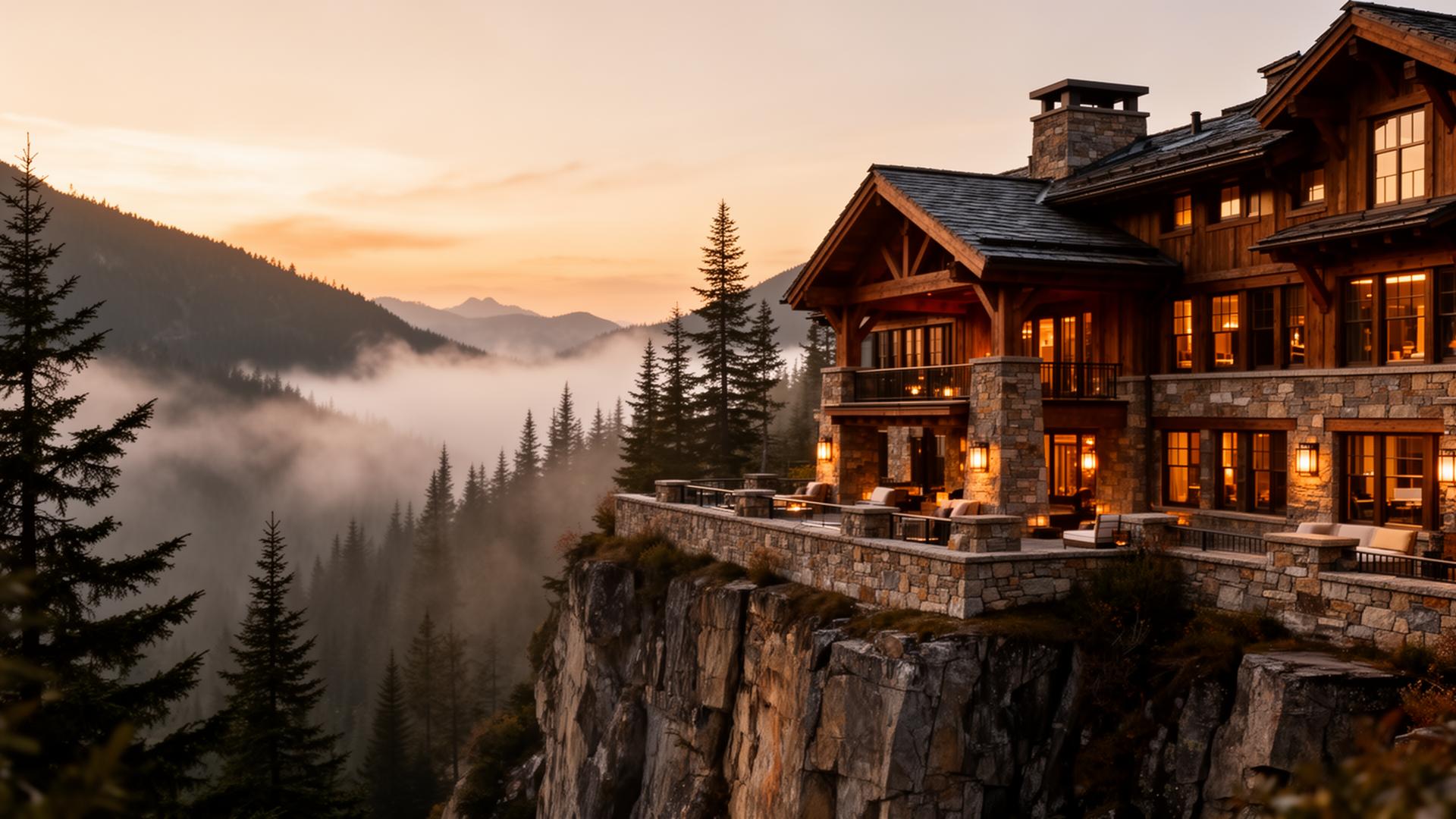 Aetheris hotel perched on a mountain cliff at golden hour