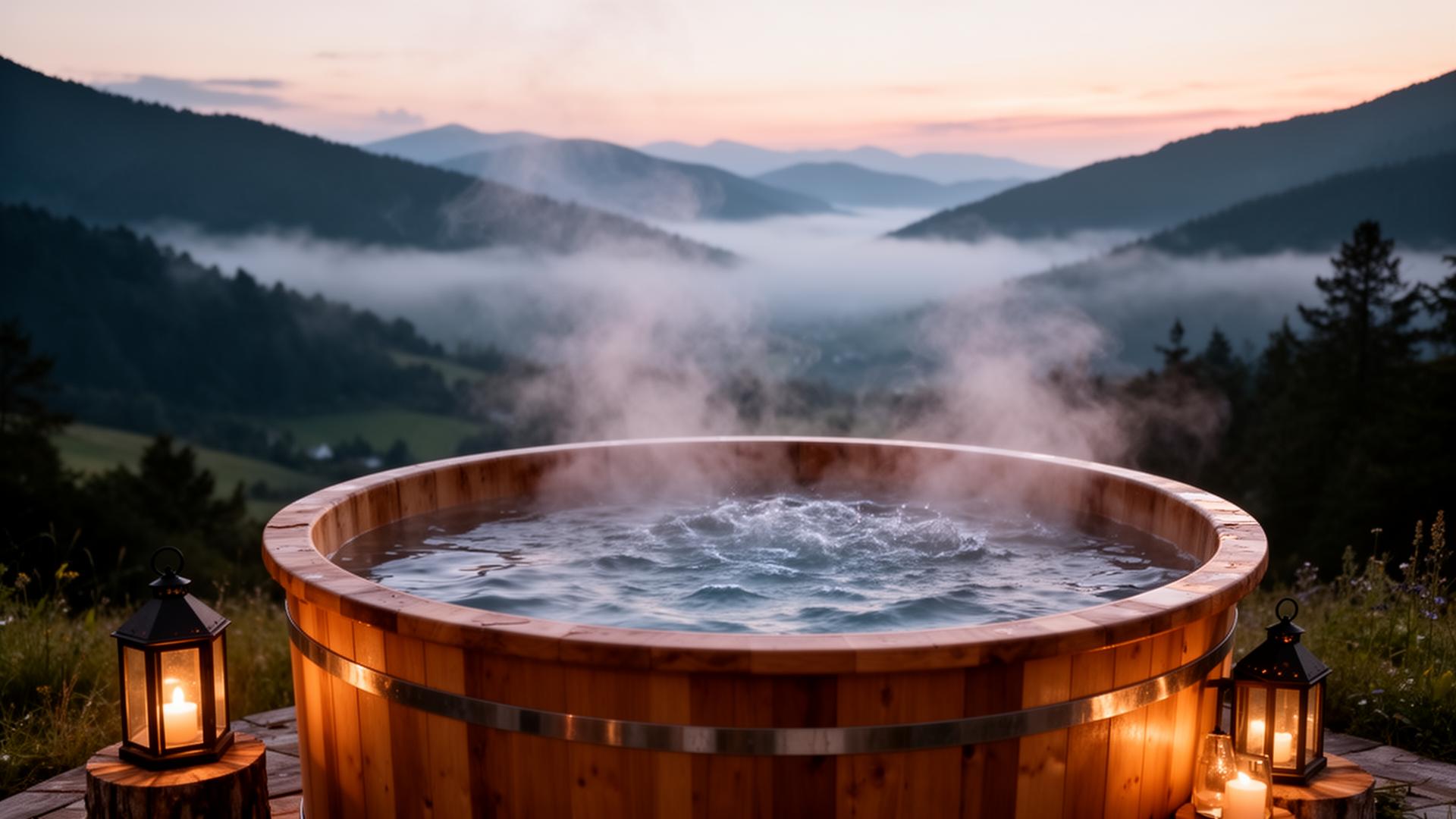 Outdoor cedar hot tub overlooking valley